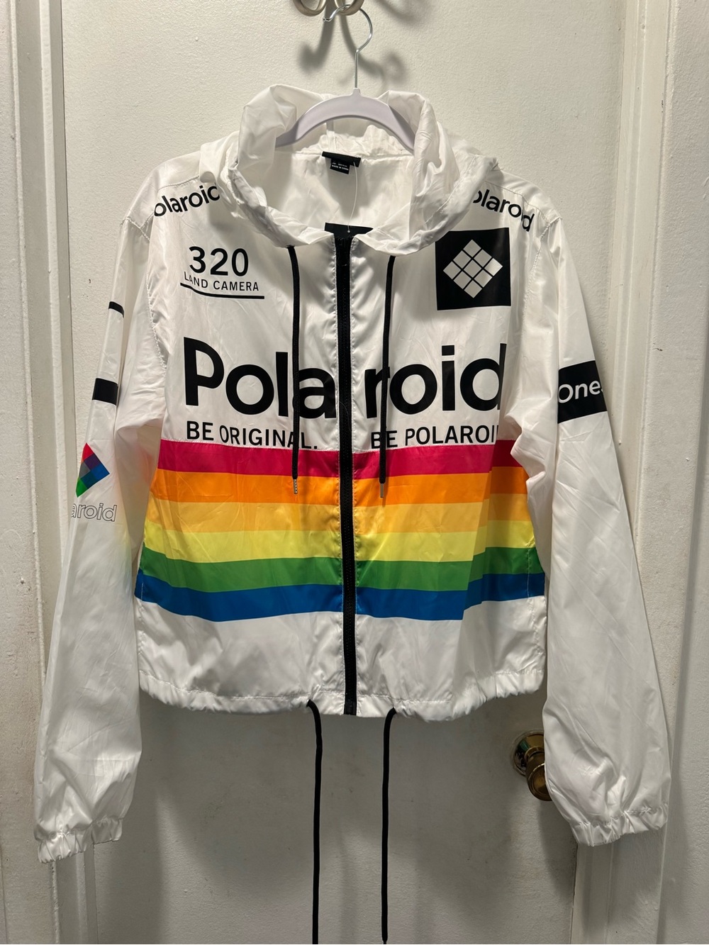 Forever 21 White Windbreaker Jacket with Rainbow Stripes - Polaroid Graphic